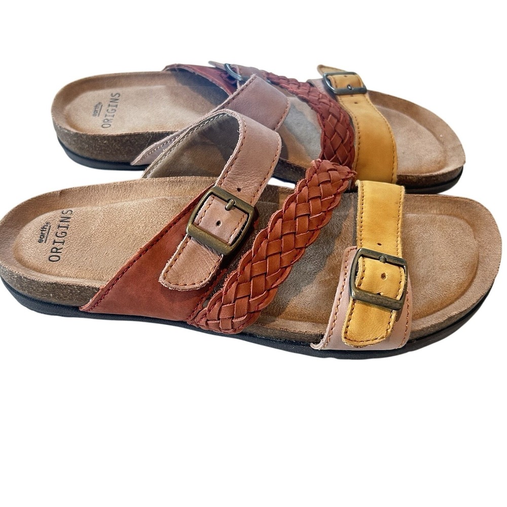 Earth Origins Leather Slide Sandals Sz 7.5 Orono Oleen Braided Buckles Colorful